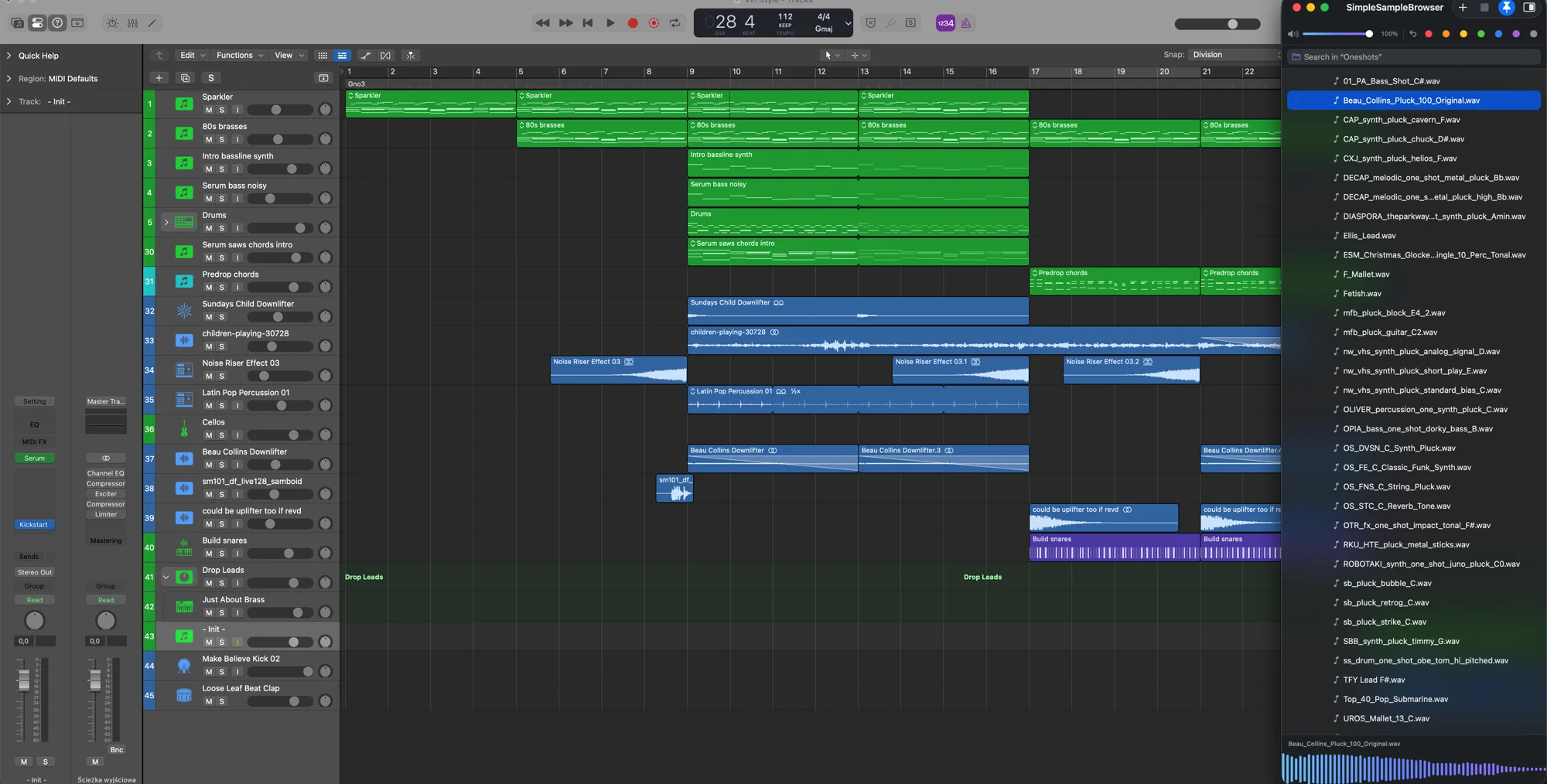SimpleSampleBrowser pinned to the right edge beside a Logic Pro session