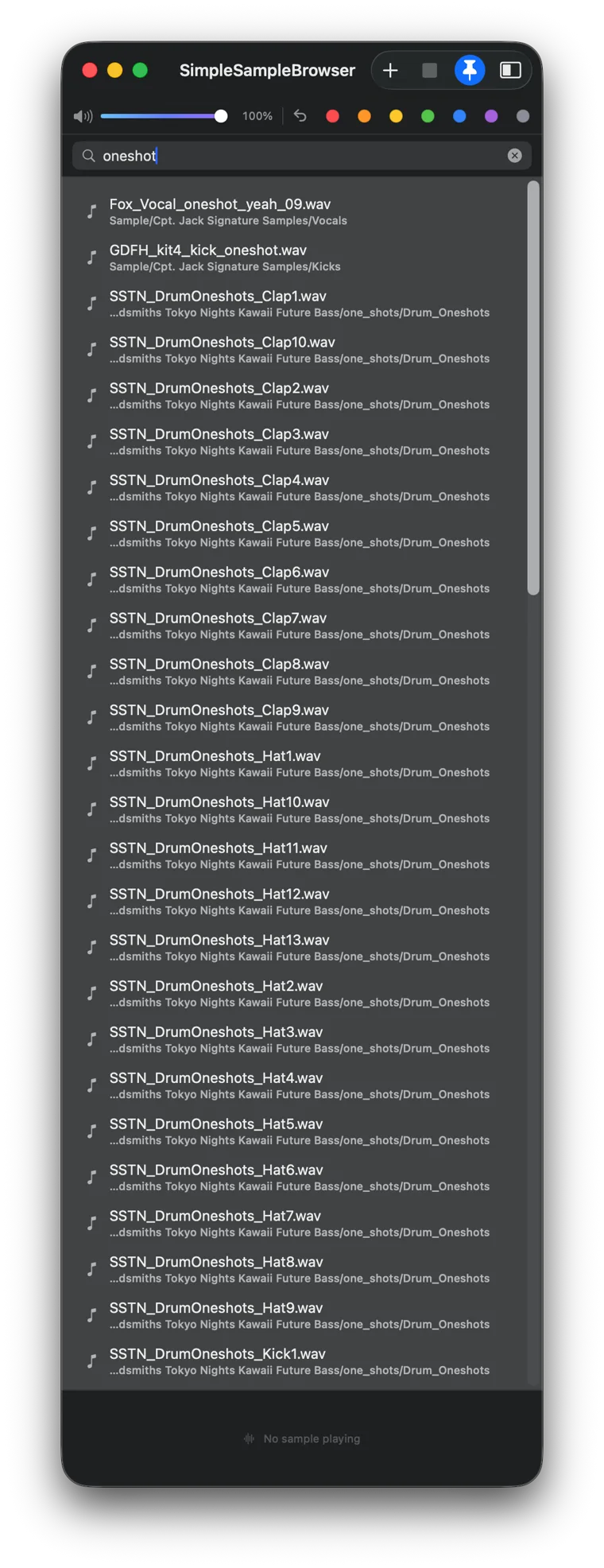SimpleSampleBrowser showing a global search for "oneshot" across the whole library